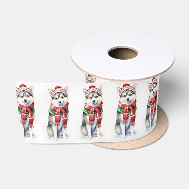 Weihnachten Sibirischer Husky mit Winterskarte Satinband (Spule)