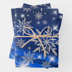 Weihnachten Silberne Schneeflocken und Sterne auf Geschenkpapier Set