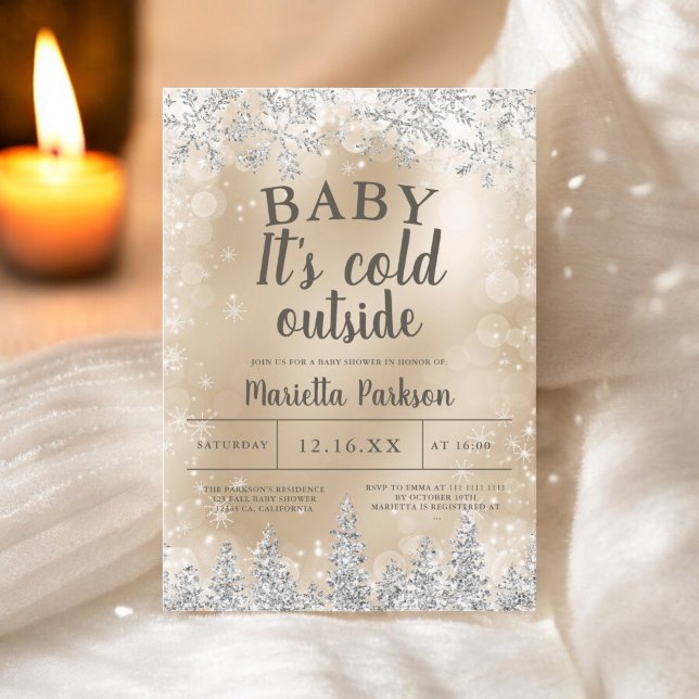Weihnachten Silberschneedecke Gold Babydusche Einladung (Winter Christmas silver snow pine gold baby shower Invitation)