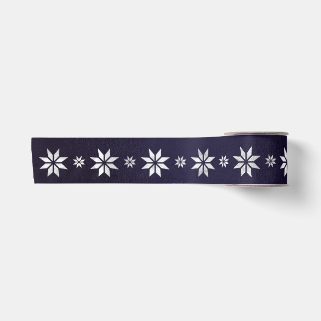 Weihnachten Silver Star Ribbon Blue Navy Satinband (Vorderseite)