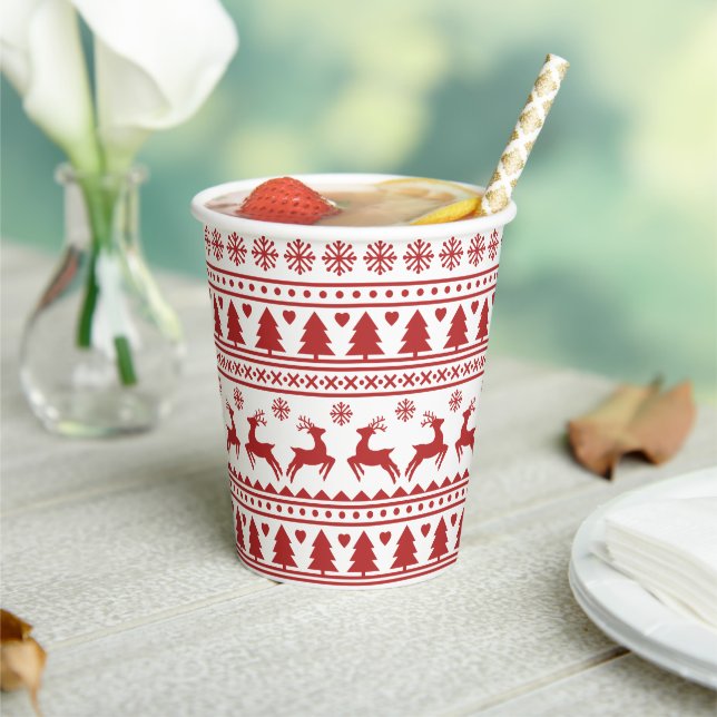 Weihnachten skandinavisch rot klassisches Muster Pappbecher (In Situ)