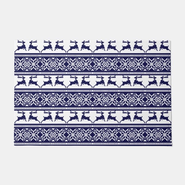 Weihnachten, skandinavisches Folk Blau und Weiß Fußmatte (Vorderseite)