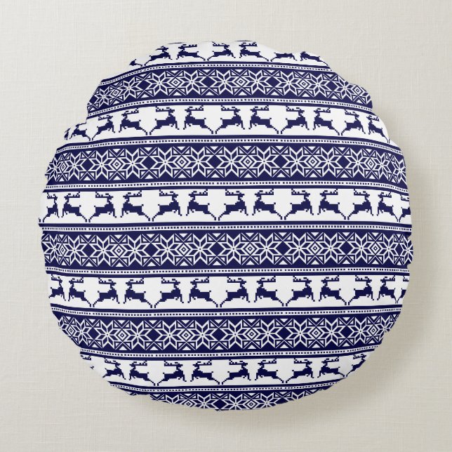 Weihnachten, skandinavisches Volk Blau und Weiß Rundes Kissen (Vorderseite)