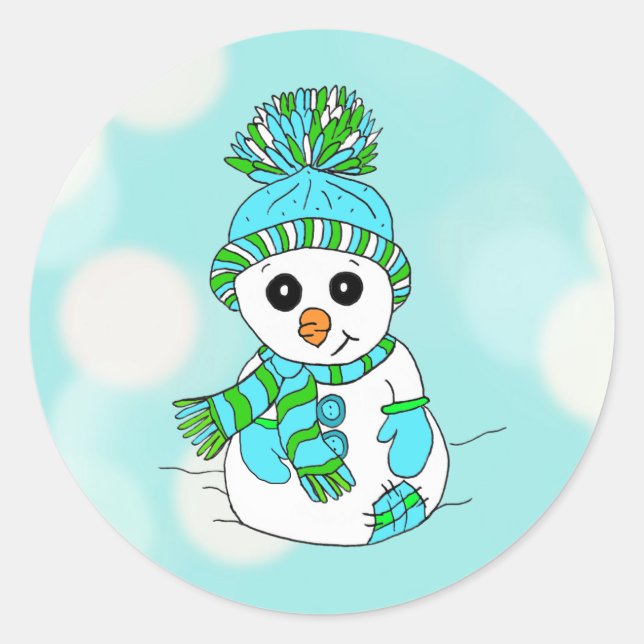 Weihnachten Snowman Aquamarin Background Urlaub Sa Runder Aufkleber (Vorderseite)