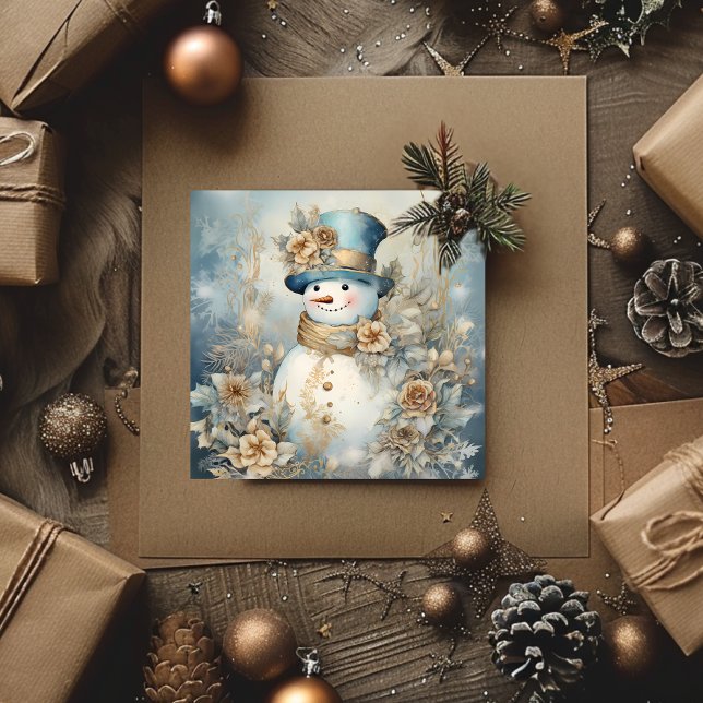 Weihnachten Snowman Blue und Gold (Vintage Christmas Snowman Blue and Gold Holiday Card)