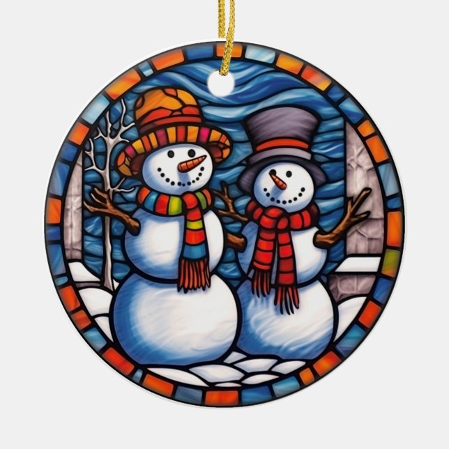 Weihnachten Snowman Buntglas-Stil Keramik Ornament (Vorne)