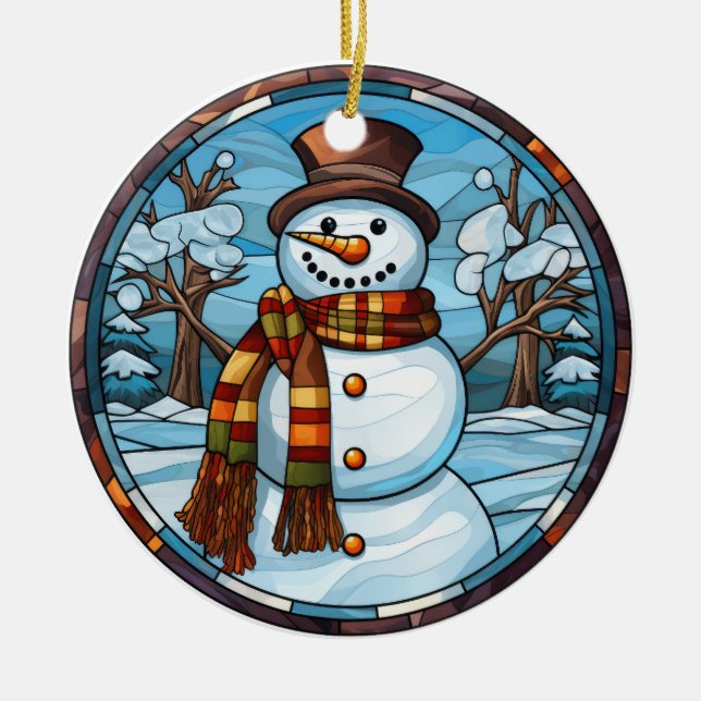 Weihnachten Snowman Buntglas-Stil Keramik Ornament (Vorne)