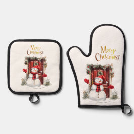 Weihnachten Snowman Gold Frohe Weihnachtsbeschreib Ofenhandschuh & Topflappen-Set
