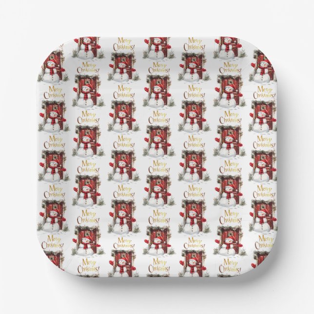 Weihnachten Snowman Gold Frohe Weihnachtsbeschreib Pappteller (Vorderseite)