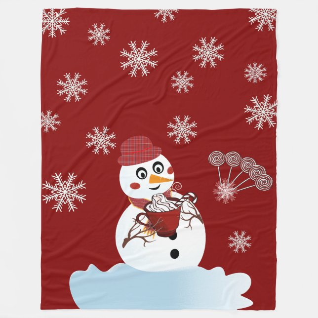 Weihnachten Snowman heiße Schokolade und Bonbons Fleecedecke (Vorderseite)