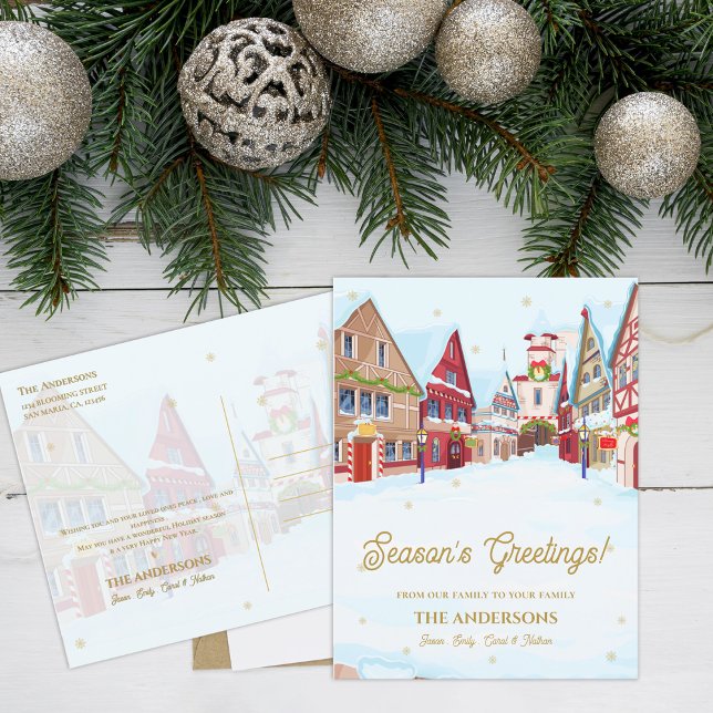 Weihnachten - Snowy Village Weihnachten Postkarte (Season’s Greetings Snowy Village Family Christmas Postcard)