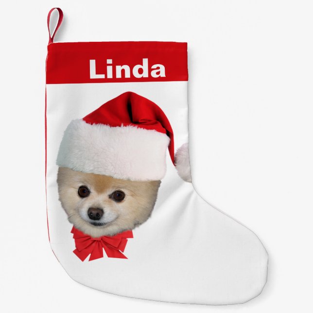 Weihnachten, Spitz-Hund, Weihnachtsmannmütze, Name Kleiner Weihnachtsstrumpf (Vorderseite)