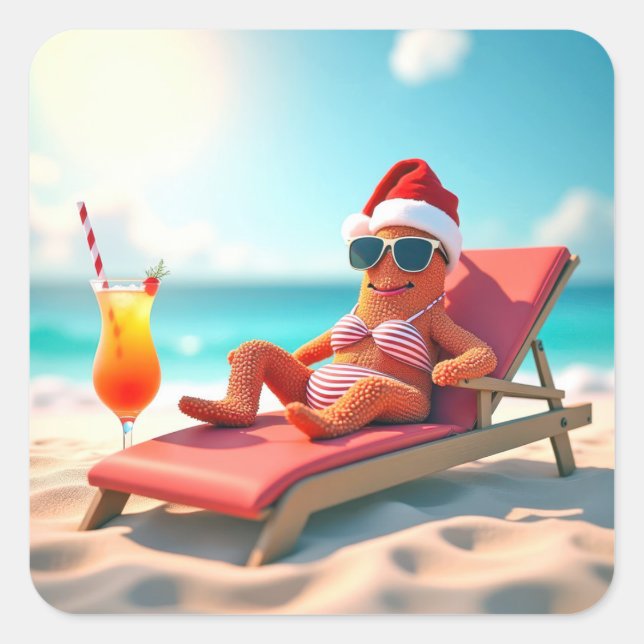 Weihnachten Starfish Sonnenbaden in einem Bikini Quadratischer Aufkleber (Vorderseite)