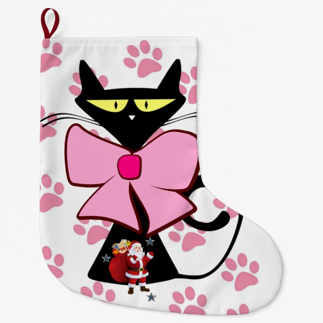 Weihnachten Strumpf, Santa Meow Pink Black Cat Paw Großer Weihnachtsstrumpf (Vorderseite)