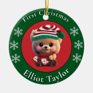 Weihnachten süßer Teddybärjunges mit roten und grü Keramik Ornament