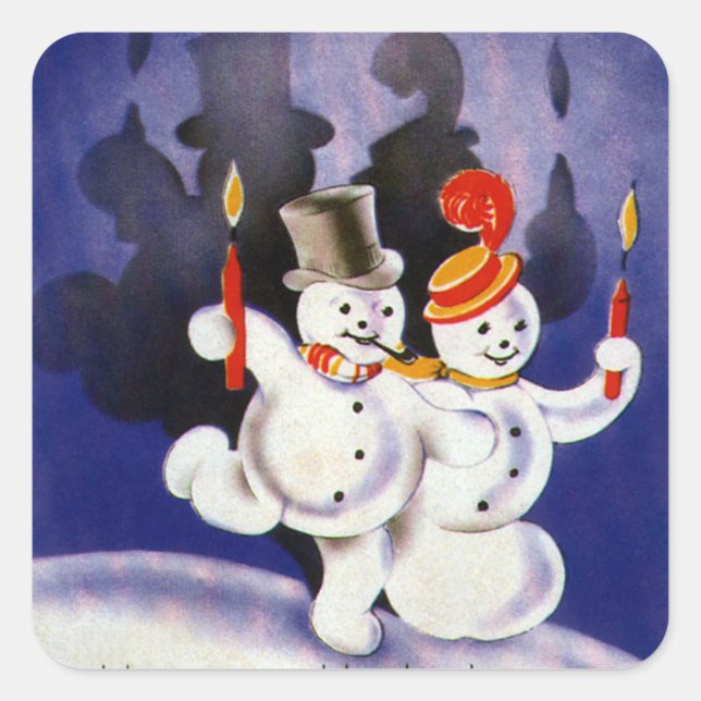 Weihnachten Tanzen Snowmen mit Kerzen Quadratischer Aufkleber (Vorderseite)