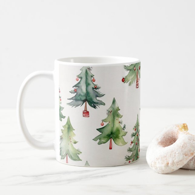 Weihnachten Tasse Grüne Aquarellbäume (Mit Donut)