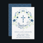 Weihnachten, Taufen Einladungs-Jungs Einladungskar Einladung<br><div class="desc">Diese trendige und moderne Einladungskarte für Weihnachten oder Taufe ist mit einem blauen Kreuz umgeben von einem Blumenkranz und dem Wort "Taufe" in einem eleganten Schriftart versehen. Ideal für den besonderen religiösen Anlass Ihres Babys,  kann es nach Ihren Wünschen mit dem Namen und den Veranstaltungsinformationen Ihres Kindes angepasst werden.</div>