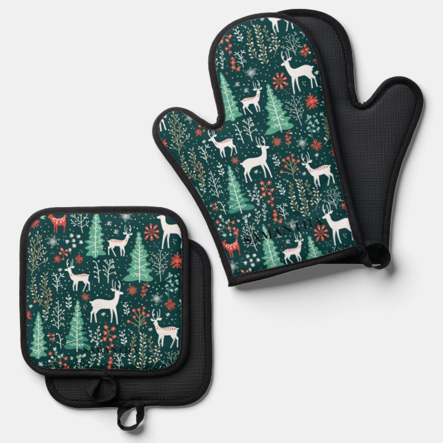 Weihnachten Themendesign Deer & Trees Ofenhandschuh & Topflappen-Set (Vorderseite/Rückseite)