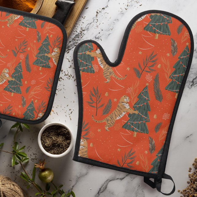 Weihnachten Tiger und Weihnachtsbaum Ofenhandschuh & Topflappen-Set (Von Creator hochgeladen)