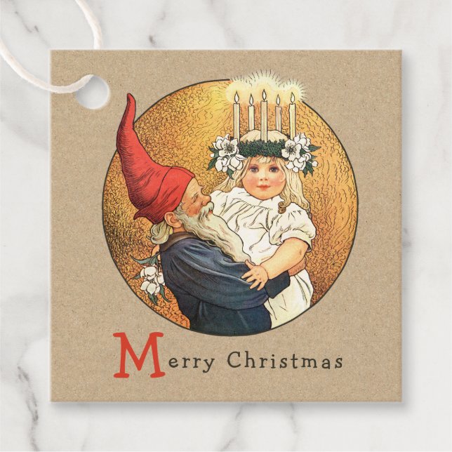 Weihnachten Tomte und süße kleine Lucia Mädchen CC Geschenkanhänger (Vorderseite)