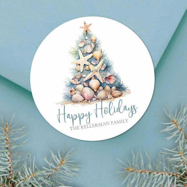 Weihnachten Tree Beach Happy Holidays Runder Aufkleber (Christmas Tree Beach Happy Holidays Classic Round Sticker)
