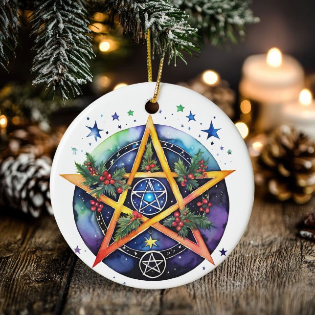 Weihnachten Tree Winter Solstice Holly Wicca Penta Keramik Ornament (Yule Tree Winter Solstice Holly Wicca Pentacle Ceramic Ornament)
