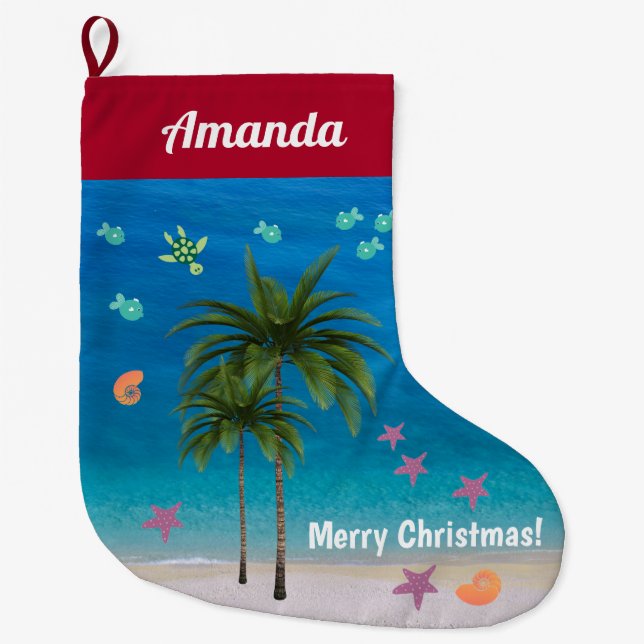 Weihnachten Tropischer Ozean Starfish Palmen Großer Weihnachtsstrumpf (Vorderseite)