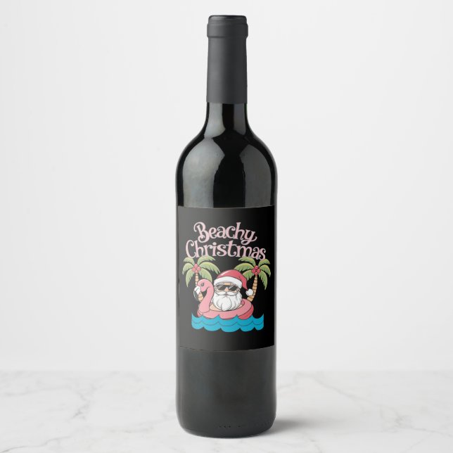 Weihnachten - tropischer Urlaub am Strand Santa Be Weinetikett (Vorderseite)