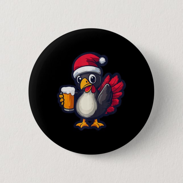 Weihnachten Türkei Tier mit Bier Comic Button (Vorderseite)