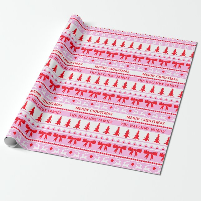 Weihnachten Ugg Sweater Familie Name Rosa & Rot Geschenkpapier (Ungerollt)