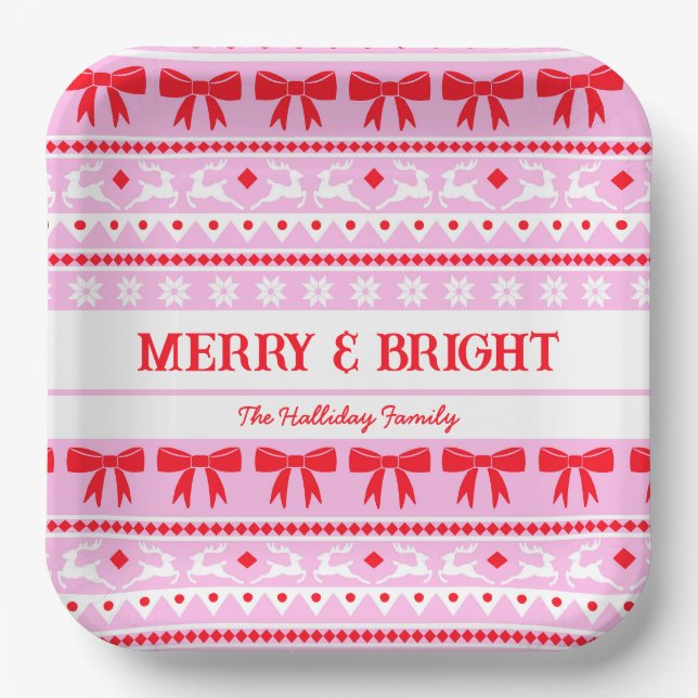 Weihnachten Ugg Sweater Familie Name Rosa & Rot Pappteller (Vorderseite)