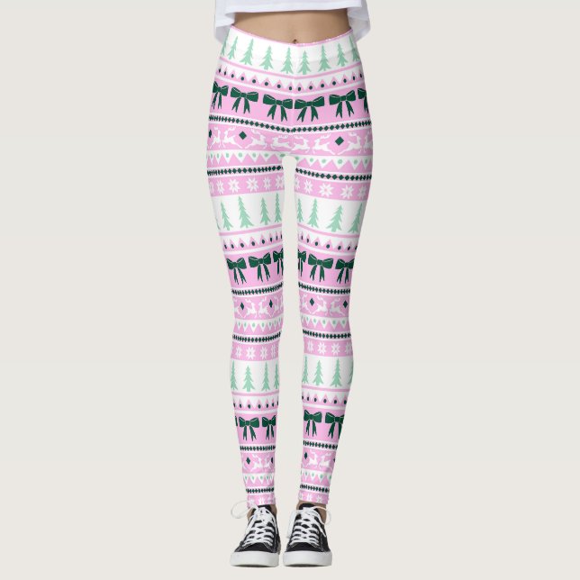 Weihnachten Ugor Sweater Strick Muster Pink & Gree Leggings (Vorderseite)