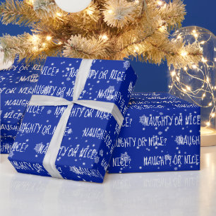 Weihnachten UNARTIG ODER BRAV Text auf Blau Geschenkpapier