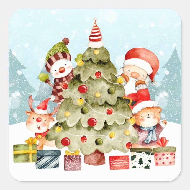 Weihnachten und Freunde rund um den Baum Quadratischer Aufkleber (Vorderseite)