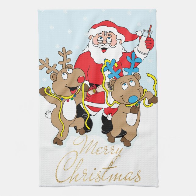 Weihnachten und Rentiere frohe Weihnachten Geschirrtuch (Vertikal)