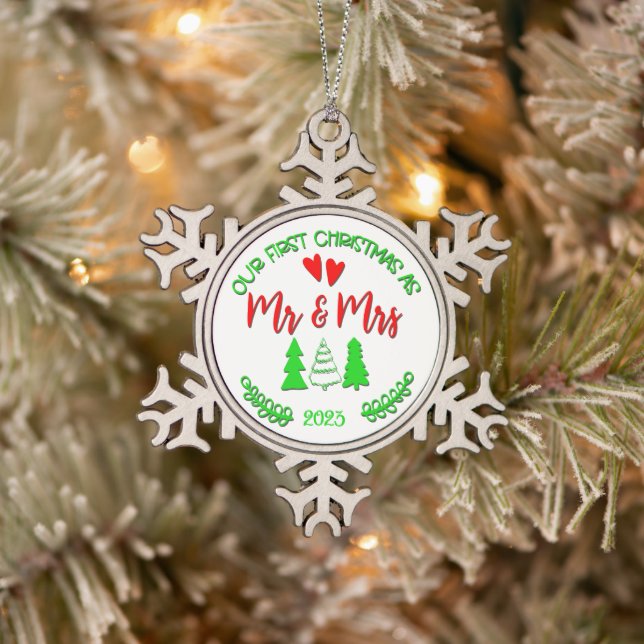 Weihnachten Unsere ersten Weihnachten Mr. & Mrs. Schneeflocken Zinn-Ornament (Baum)