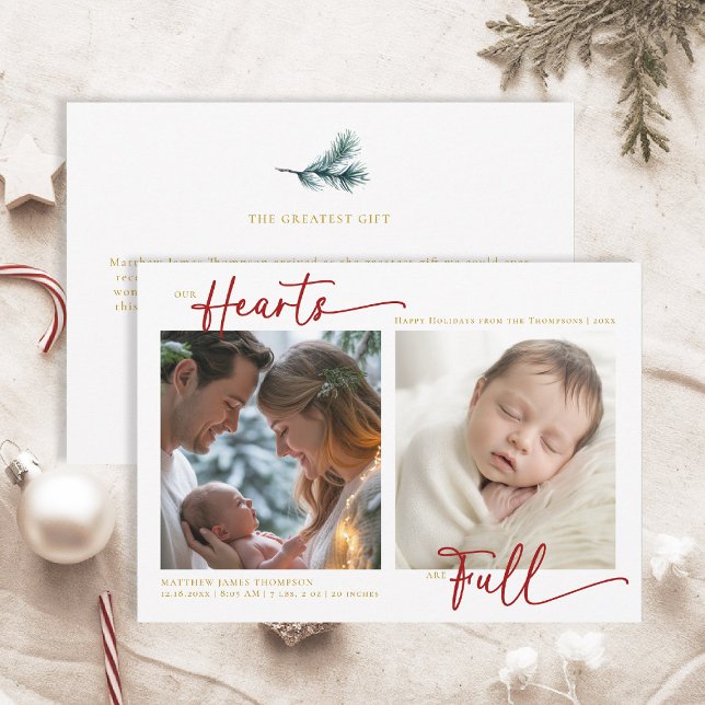 Weihnachten Unsere Herzen Red Gold Familie Baby 2  (christmas family card baby announcement card chic calligraphy simple elegant 2 photos red gold)