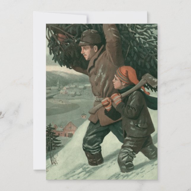 Weihnachten, Vater und Sohn schneiden Bäume ab Einladung (Vorderseite)