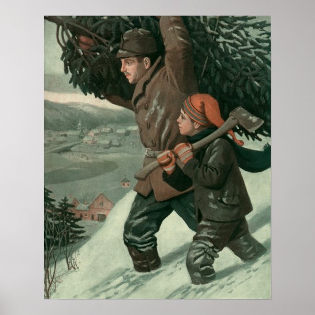 Weihnachten, Vater und Sohn schneiden Bäume ab Poster (Vorne)