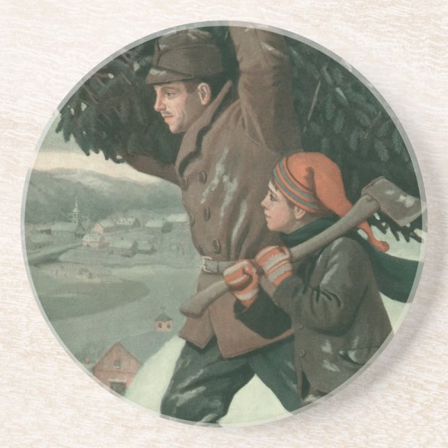 Weihnachten, Vater und Sohn schneiden Bäume ab Untersetzer (Vorne)