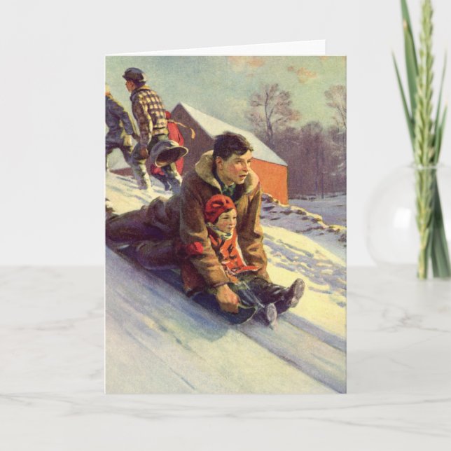 Weihnachten, Vater und Tochter Rodelbahn Feiertagskarte (Vorderseite)