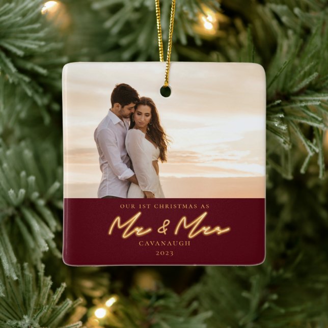 Weihnachten Verheiratet Neon Lettering Foto Kerami Keramikornament (Baum)