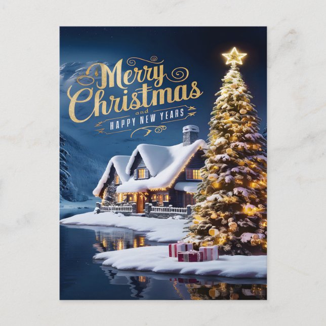 Weihnachten verzaubert: Haus und Baum Postkarte (Vorderseite)