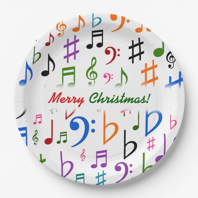Weihnachten; Viel bunter Musiknoten und Symbole Pappteller (Vorderseite)