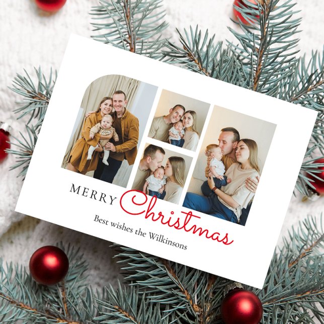 Weihnachten vier Foto Collage modern (modern minimalistic  four photo collage christmas card , red festive typography)