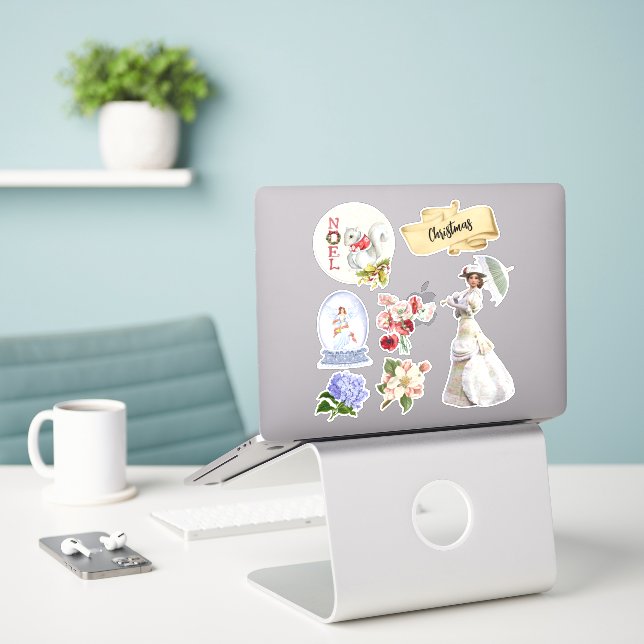 Weihnachten Viktorianisch Lady Blume Schneeglobe Aufkleber (Laptop auf Schreibtisch)