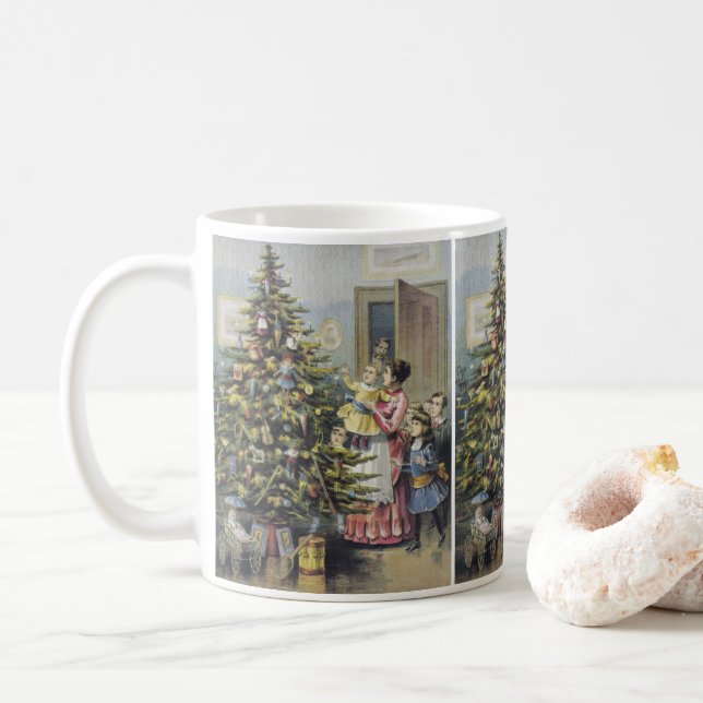 Weihnachten, Viktorianische Familie rund um Baum Kaffeetasse (Mit Donut)