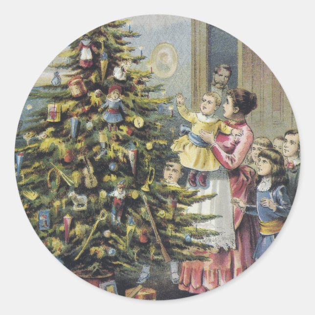 Weihnachten, Viktorianische Familie rund um Baum Runder Aufkleber (Vorderseite)