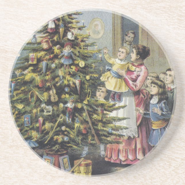 Weihnachten, Viktorianische Familie rund um Baum Sandstein Untersetzer (Vorne)